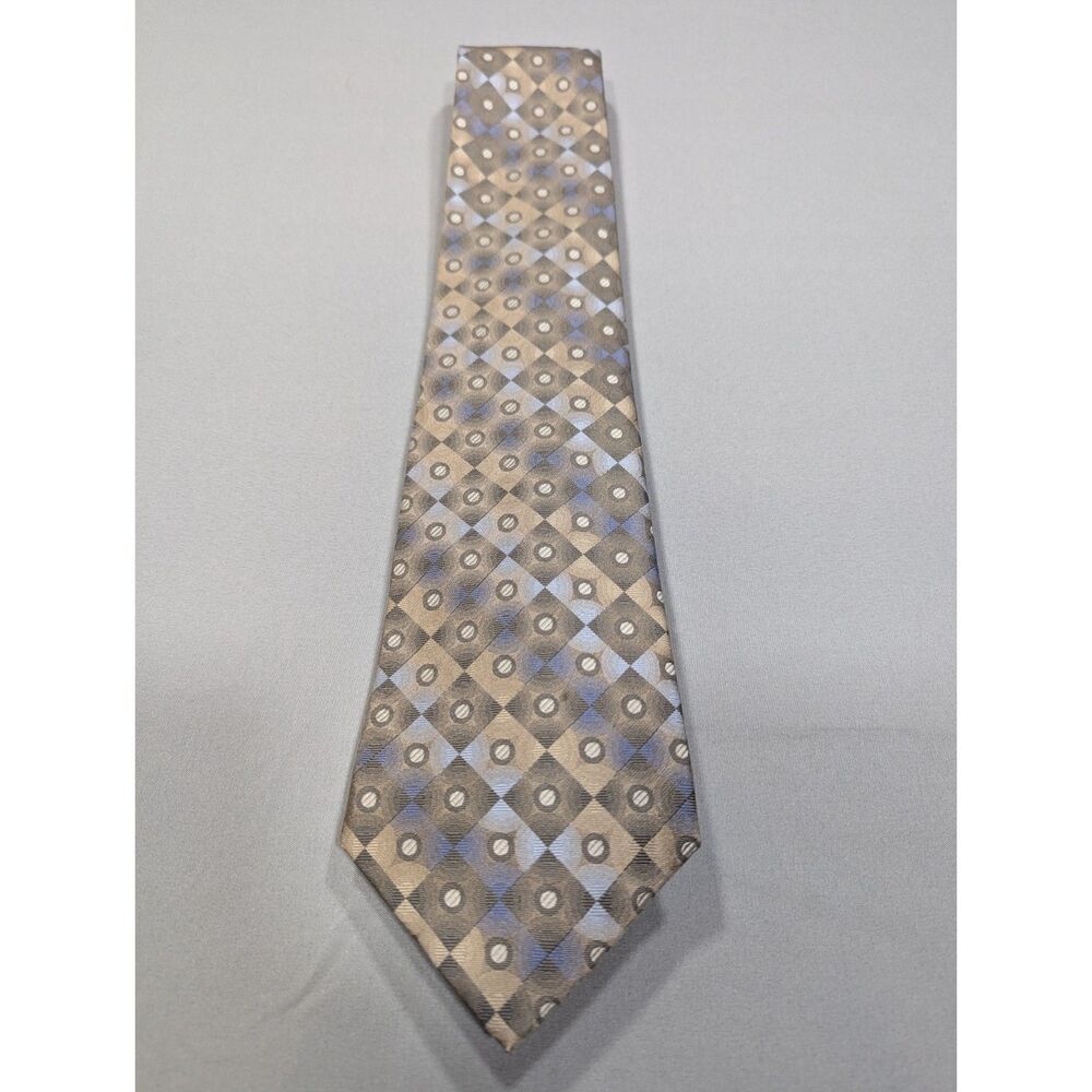 Stafford Mens Necktie 59" Gray Blue Tan Geometric Pattern Classic Dress Tie